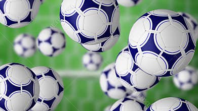 Football balls falling against football gate and green grass field. 4K seamless loop, ProRes clip