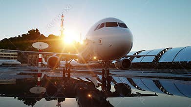 Plane at the airport. morning sunrise. Travel and business concept