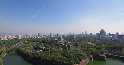 Ascending Wide Angle Osaka Castle Aerial Shot