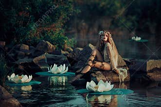 Beautiful woman in vintage dress sitting by the lake