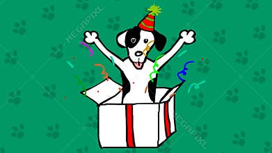 Cute dog in a box. Bithday present hand drawn cartoon animation.