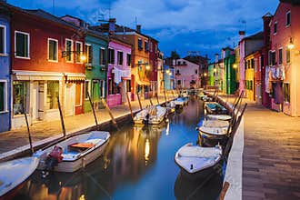 Colourful evening houses on Burano island, Venice