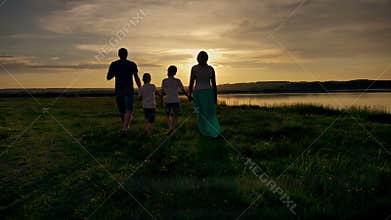 Family Walking Beach Sunset Travel Holiday