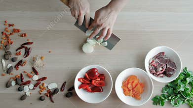 Chief Hands Cutting Onions, Making Salad. Top View Chief Cutting Vegetables. Healthy Lifestyle, Diet food