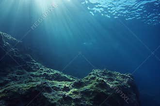 Underwater landscape with sunrays