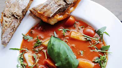 Plate of delicious gazpacho soup at restaurant