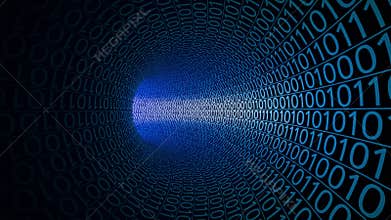 Flight through abstract blue tunnel made with zeros and ones. Modern motion background. Computers, binary data transfer