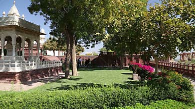 Panoramic view of garden and temple ruins in front of Jaswant Thada temple.