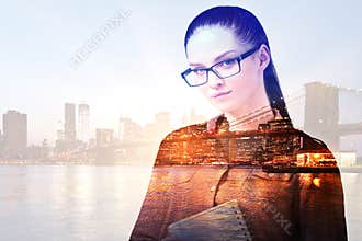 Female on abstract city background