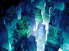 Futuristic micro chips city. Computer science information technology background. Sci fi megalopolis. 3d illustration