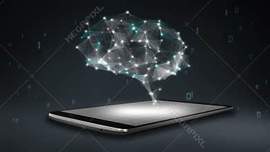 Brain connect digital lines on smartphone, mobile smart pad, grow artificial intelligence