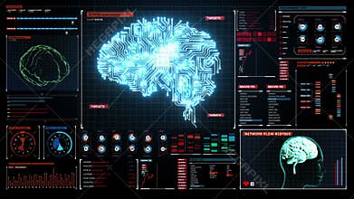 Brain connected CPU chip circuit board in digital display dashboard, grow artificial intelligence