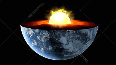 Earth core. inner structure with geological layers. 3d rendering