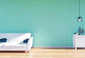 Living room interior - white leather sofa and green wall panel with space