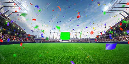 Stadium day Confetti and tinsel with people fans. 3d render illustration cloudy