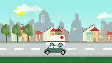 Flat cartoon panoramic city with street and cars