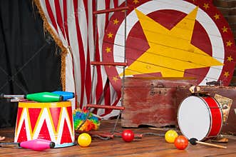 Circus backstage in retro style, drum suitcase. Interior.