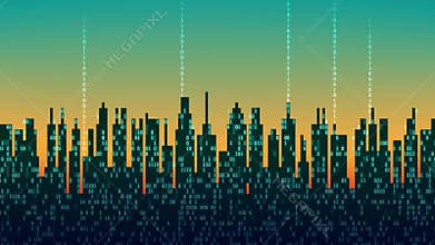 The city online. Abstract futuristic digital city, cloud connected, high-tech background, seamless loop
