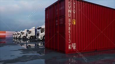 Truck in container depot, wharehouse, seaport. Cargo containers. Logistic and business concept. Realistic 4k animation.