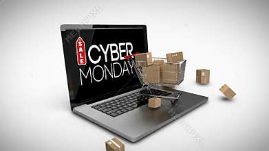 Trolley with boxes on laptop displaying cyber Monday sale sign