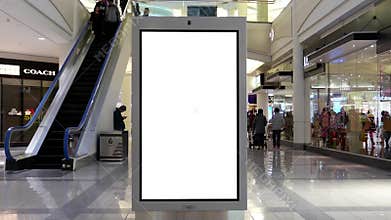 Motion of people shopping and white screen billboard in the middle
