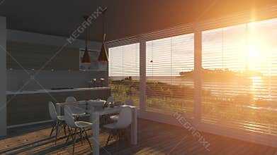 Blinds opening on a sunset sea landscape
