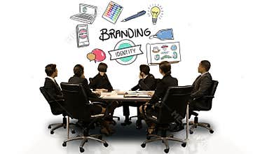 Business people looking at digital screen showing branding