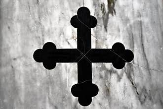 Black Church Cross, old original Greek cross of black marble, inlaid white marble