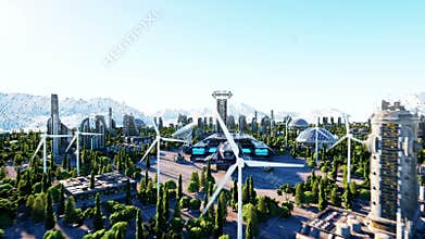 Spaceship in a futuristic city, town. The concept of the future. Aerial view. Super realistic 4k animation.