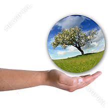 Human hand holding landscape inside a bubble