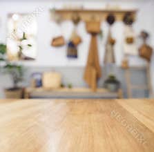 Table top Wooden counter Blurred Kitchen Background