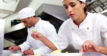 Chefs garnishing food dish