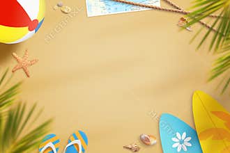Beach in summer time surrounded with objects for fun. In the shade of palm trees
