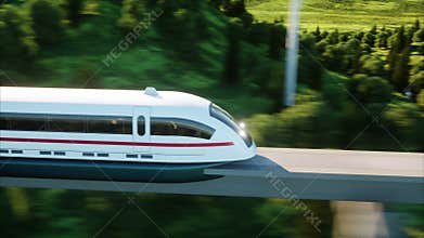 Futuristic, modern train passing on mono rail. Ecological future concept. Aerial nature view. photorealistic 4K