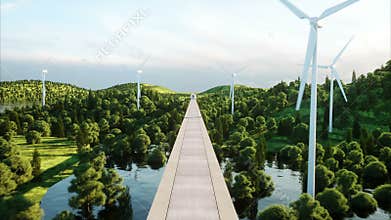 Futuristic, modern train passing on mono rail. Ecological future concept. Aerial nature view. photorealistic 4K