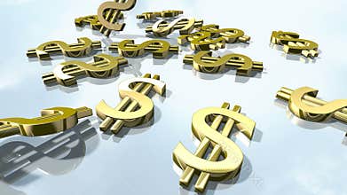 Shiny gold dollar money signs. 3d rendering