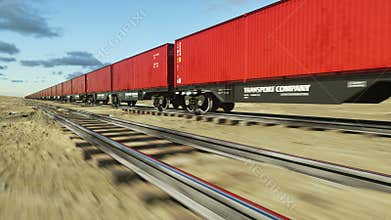 Freight train with cargo containers. Logystic concept. Realistic cinematic 4k animation.