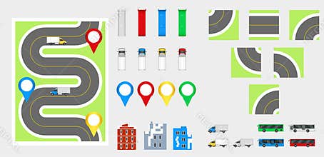 Cityscape Design Elements with road, transport, buildings, navigation pins. Road Map Vector illustration eps 10. May be used for v