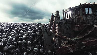 Old bulldozer and pile of skulls. Apocalypse and hell concept. Realistic cinematic 4k animation.