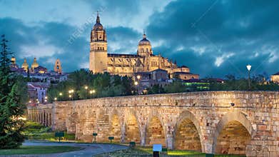 Romana Bridge with New Cathedral in Salamanca
