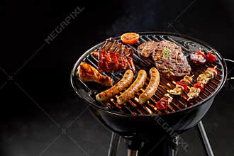 Assortment of marinated meat grilling on a BBQ