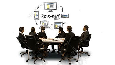 Businesspeople looking at futuristic screen showing responsive symbol