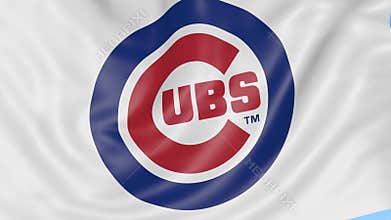 Close-up of waving flag with Chicago Cubs MLB baseball team logo, seamless loop, blue background. Editorial animation