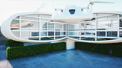 House of future. Futuristic flying car with woman. Super realistic 4K animation.