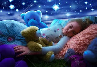 Little girl sleeping with teddy bear in bed, dreaming the starry sky at bedtime night