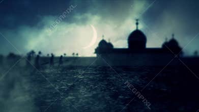 Christian Army March Close to a Muslim Mosque at Night with a Crescent Moon