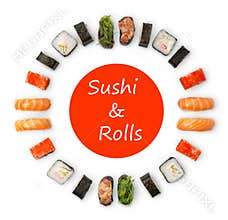 Set of sushi, maki and rolls isolated on white background