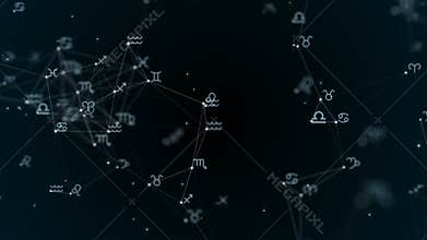 Beautiful plexus with zodiac signs, stars. Group of stars forming a constellation. Loop Animation.