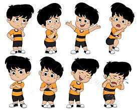 Set of cute boy pose showing different emotions. Basic seven of e