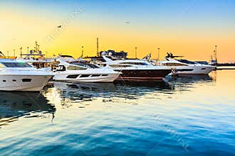 Luxury yachts docked in sea port at sunset. Marine parking of modern motor boats and blue water.